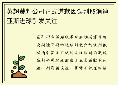 英超裁判公司正式道歉因误判取消迪亚斯进球引发关注